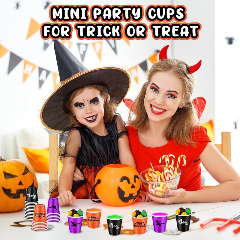 Booson 120Pcs Halloween Shot Glasses 2oz Mini Disposable Shot Cups Black Purple Orange Plastic Happy Halloween Party Cups for Trick or Treat Halloween Party Supplies (Halloween) - Image 5